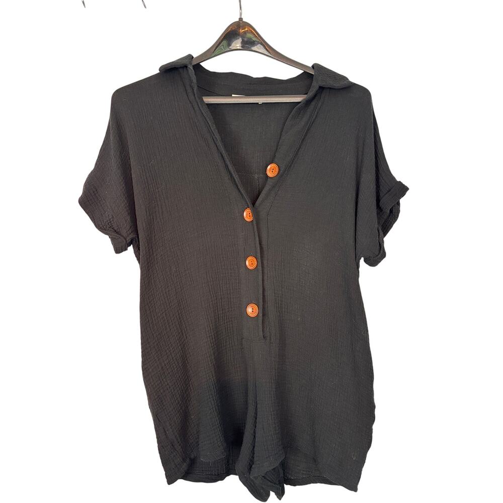 Ces Femme 100% cotton gauze black short button up jumper/romper beach coastal
